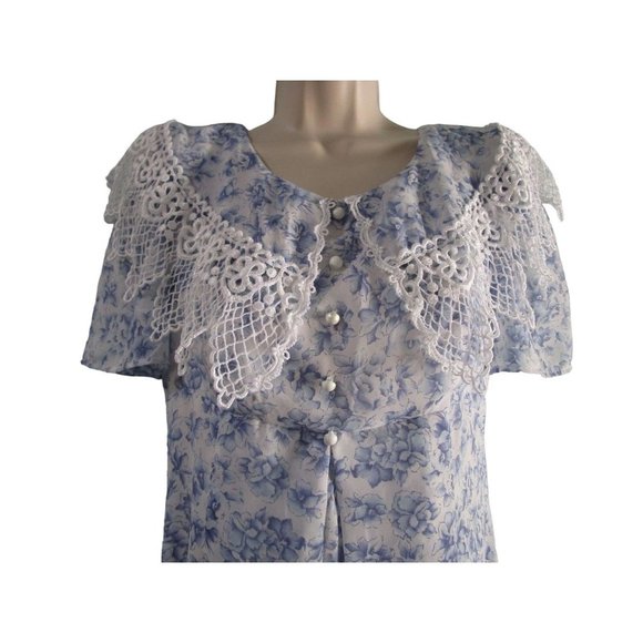 Vintage Scott McClintock Blue Floral Lace Empire Waist Tea Dress Ladies Size 8 - Picture 9 of 16